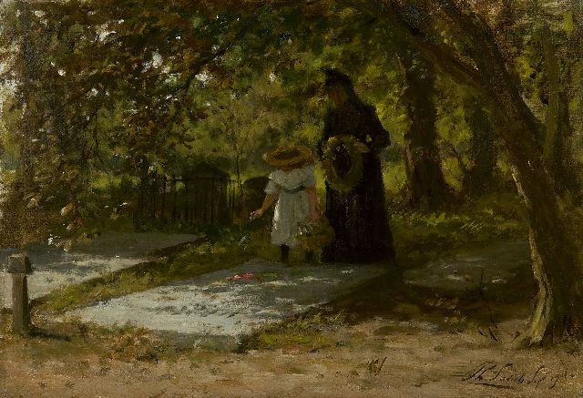 Philip Sadée | Bezoek aan het kerkhof, olieverf op doek op paneel, 34,7 x 50,0 cm, gesigneerd r.o. en gedateerd 6 Sept. 1901
