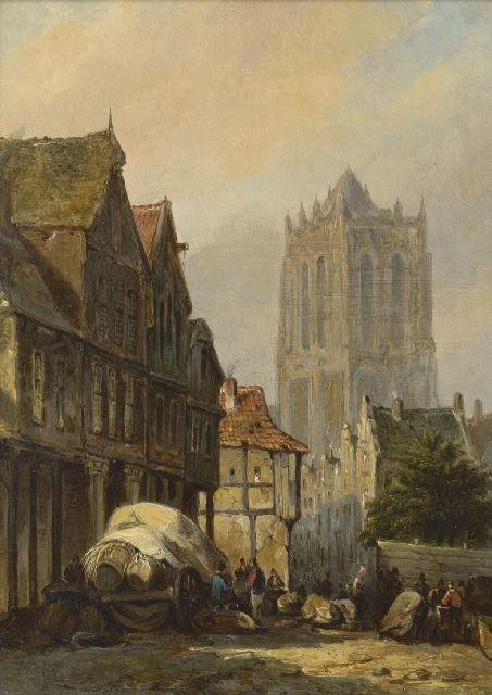 Elias Pieter van Bommel | Fantasiegezicht van een stad en de Sint-Lievensmonstertoren van Zierikzee, olieverf op paneel, 22,5 x 16,4 cm