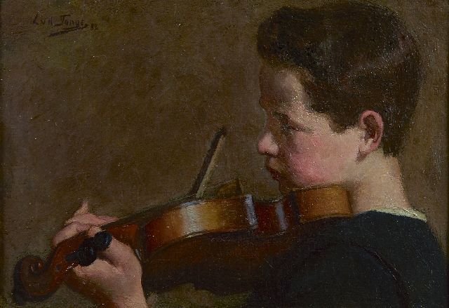 Lammert van der Tonge | Het jonge violistje, olieverf op doek, 22,3 x 31,4 cm, gesigneerd l.b. en gedateerd '98