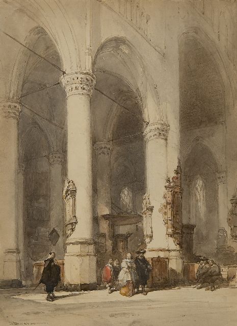 Johannes Bosboom | Interieur van de Hooglandsche Kerk, Leiden, inkt en aquarel op papier, 26,7 x 19,5 cm, gesigneerd l.o.