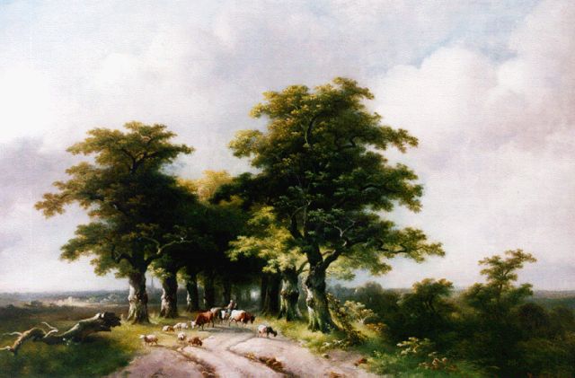 Eijcken sr. Ch. van der | Figuren met vee op een bospad, olieverf op paneel 35,3 x 50,3 cm, gesigneerd r.o.