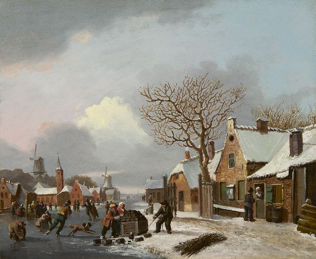 Jacobus van der Stok | Winterlandschap met schaatsers, olieverf op paneel, 32,1 x 38,9 cm