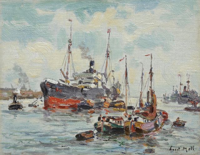 Evert Moll | Bij de haven van Rotterdam, olieverf op doek op paneel, 11,2 x 14,3 cm, gesigneerd r.o.