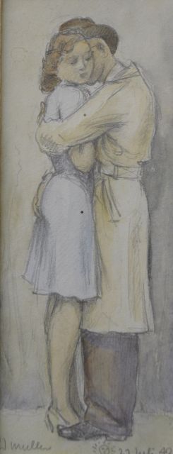 Muller E.J.  | Omhelzing, potlood en aquarel op papier 16,5 x 6,5 cm, gesigneerd l.o. en gedateerd 27 juli '42