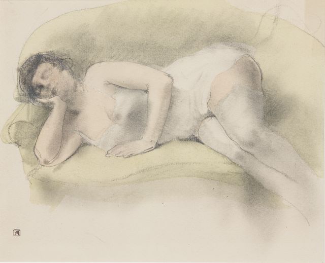 Armand Rassenfosse | Naakt op canapé, krijt en aquarel op papier, 19,0 x 24,0 cm, gesigneerd l.o. met kunstenaarsstempel