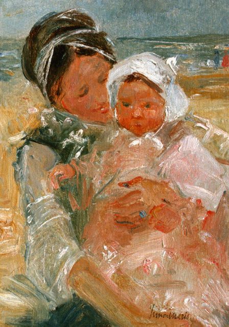 Simon Maris | Moeder met baby in de duinen, olieverf op paneel, 32,0 x 23,0 cm, gesigneerd r.o.