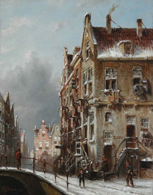 Petrus Gerardus Vertin | Winters straatje met een brug en figuren bij een vuurtje, olieverf op paneel, 25,4 x 19,6 cm, gesigneerd l.o. en gedateerd '84