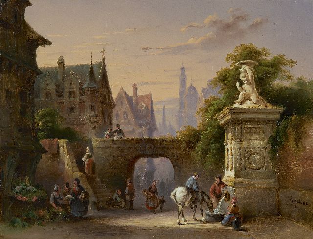 Jan David Geerling | Stadsgezicht met figuren bij een waterpomp, olieverf op doek, 27,3 x 35,9 cm, gesigneerd r.o. en gedateerd 1852