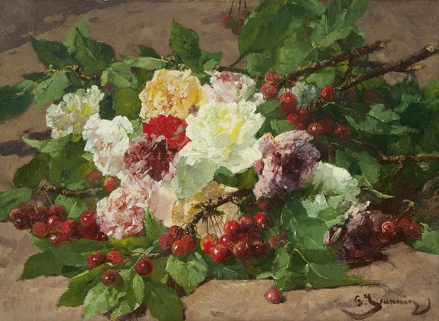 Jeannin G.  | Kersentakken en rozen op de bosgrond, olieverf op doek 41,8 x 56,7 cm, gesigneerd r.o.