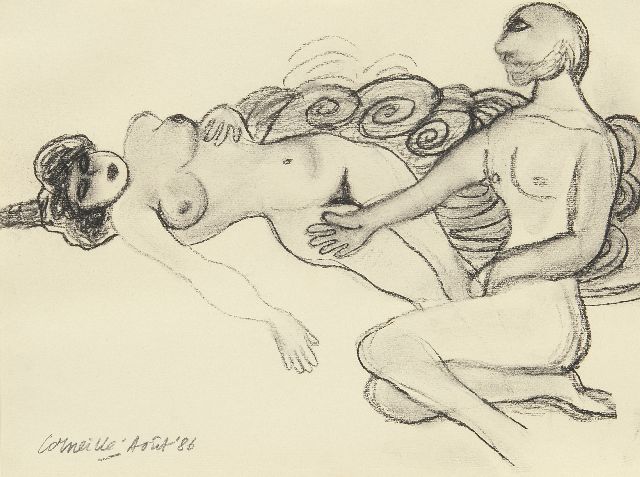Corneille ('Corneille' Guillaume Beverloo)   | Man en vrouw, houtskool op papier 23,7 x 31,8 cm, gesigneerd l.o. en gedateerd 'Août' '86
