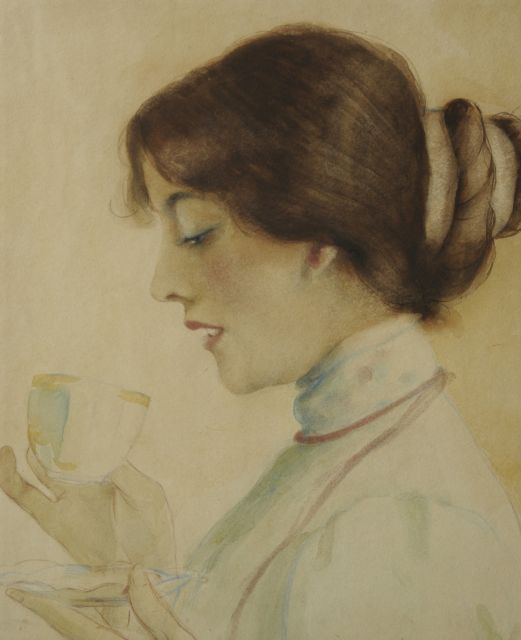 Han van Meegeren | Theedrinkende vrouw, pastel en aquarel op papier, 35,2 x 29,9 cm