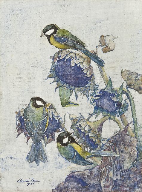 Chris le Roy | Koolmeesjes op zonnebloemen, gouache op doek, 39,3 x 29,5 cm, gesigneerd l.o. en gedateerd 1930