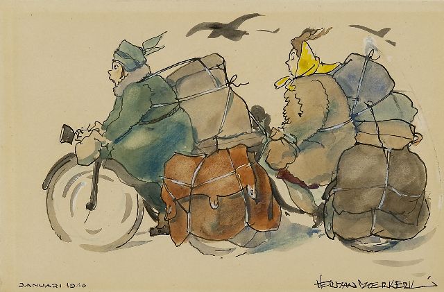Herman Moerkerk | Bepakt en bezakt in de hongerwinter, aquarel op papier, 13,8 x 20,9 cm, gesigneerd r.o. en gedateerd januari 1945