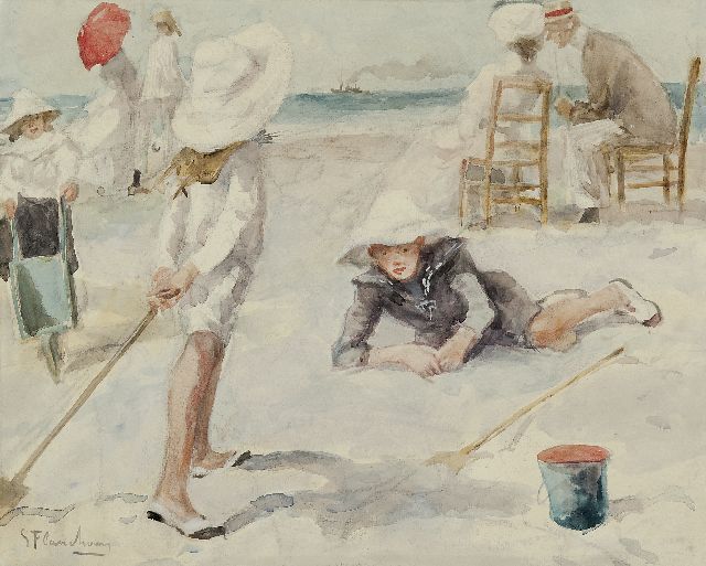 Flasschoen G.  | Op het strand, aquarel op papier 35,1 x 43,4 cm, gesigneerd l.o.