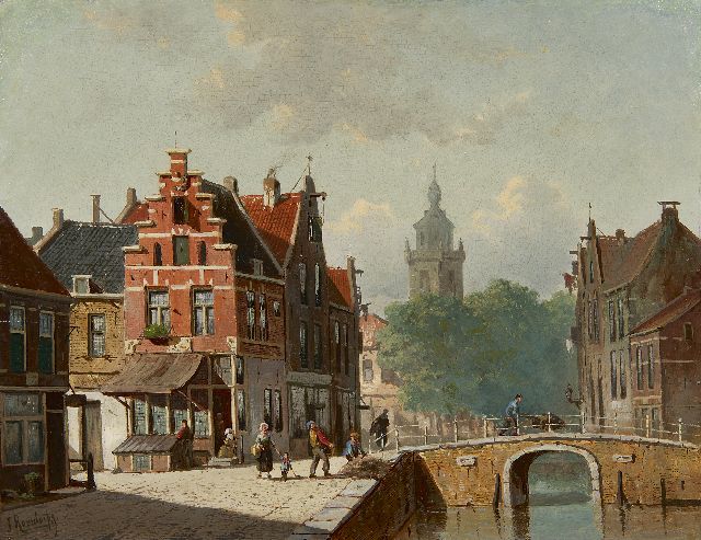 Frederik Roosdorp | Hollandse stadsgracht in de zomer, olieverf op paneel, 28,0 x 36,5 cm, gesigneerd l.o.