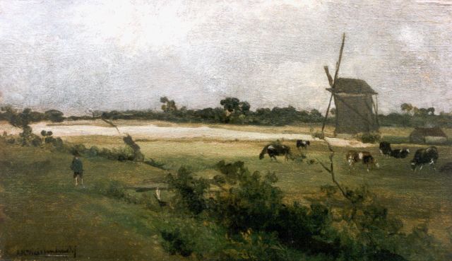 Jan Hendrik Weissenbruch | Polderlandschap met molens, olieverf op paneel, 18,0 x 31,1 cm, gesigneerd l.o.