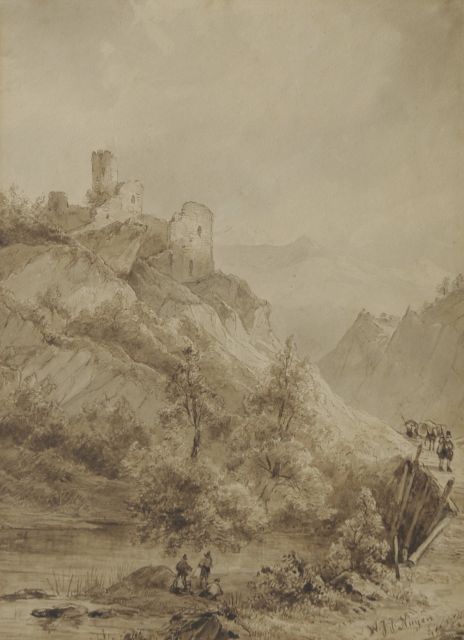 Wijnand Nuijen | Berglandschap met reizigers bij een ruïne, potlood, pen en sepia op papier, 29,3 x 21,7 cm, gesigneerd r.o.