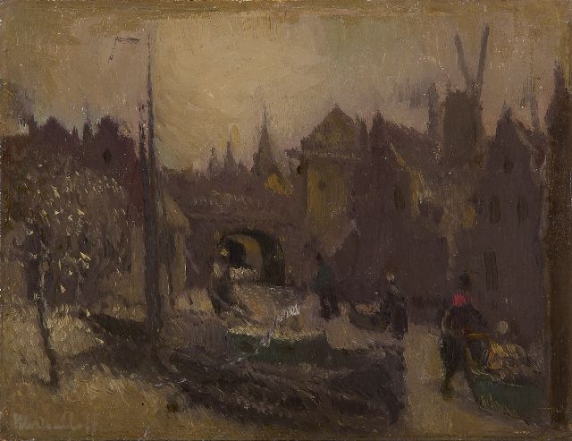 Henri van Daalhoff | Schaatsers op een stadsgracht, olieverf op paneel, 14,0 x 18,2 cm, gesigneerd l.o.
