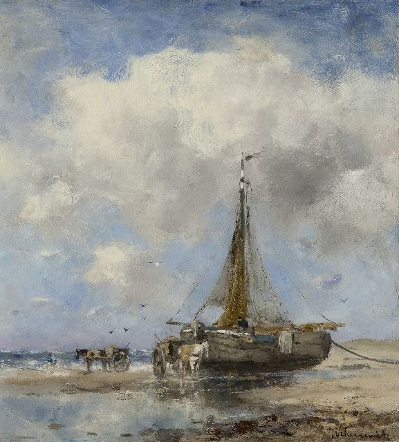 Johan Frederik Cornelis Scherrewitz | Bomschuit en schelpenkarren op het strand van Katwijk, olieverf op paneel, 27,6 x 25,2 cm, gesigneerd r.o.