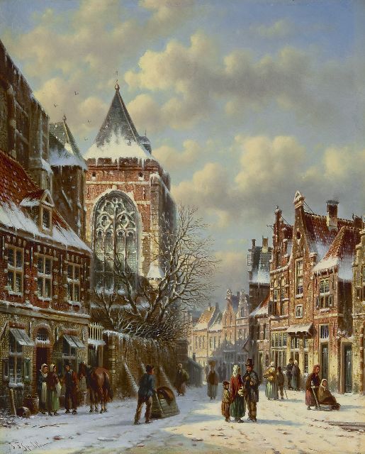 Johannes Franciscus Spohler | Kerkplein in de sneeuw, olieverf op paneel, 26,3 x 21,3 cm, gesigneerd l.o.