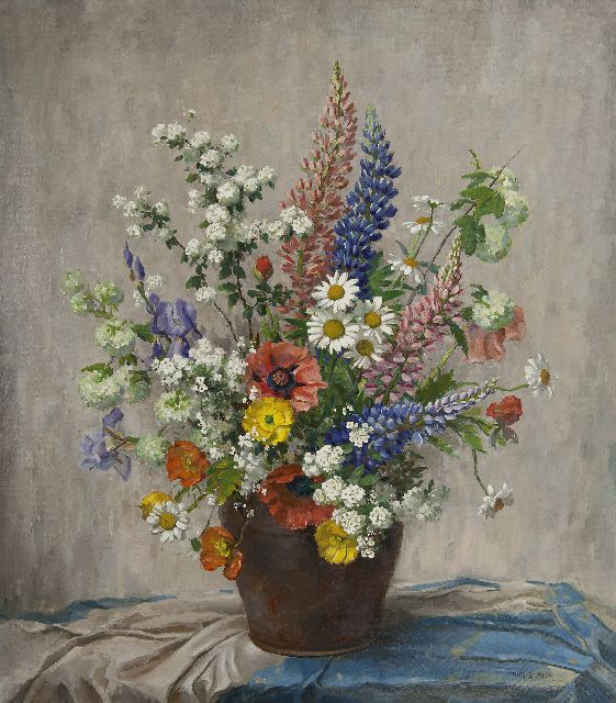Hugo Berten | Zomerbloemen in aardewerken pot, olieverf op doek, 80,2 x 70,0 cm, gesigneerd r.o.