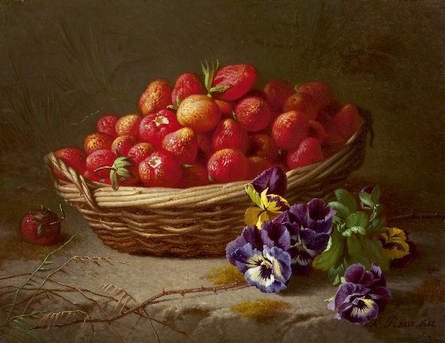 Raoux A.  | Aardbeien in mand, olieverf op paneel 27,9 x 36,2 cm, gesigneerd r.o. en gedateerd 1865