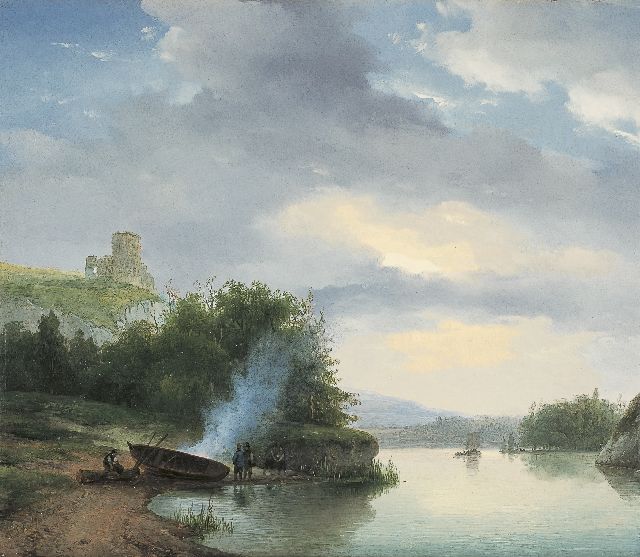 Andreas Schelfhout | Heuvelachtig rivierlandschap met burchtruïne, olieverf op paneel, 32,9 x 38,2 cm, gesigneerd l.o. en te dateren midden jaren '20