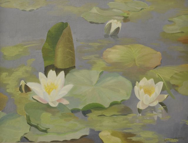 Dirk Smorenberg | Waterlelies, olieverf op paneel, 45,0 x 60,0 cm, gesigneerd r.o.