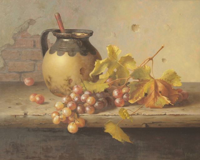Gyula Bubarnik | Stilleven van kan met druiven, olieverf op triplex, 40,5 x 50,0 cm, gesigneerd r.o.