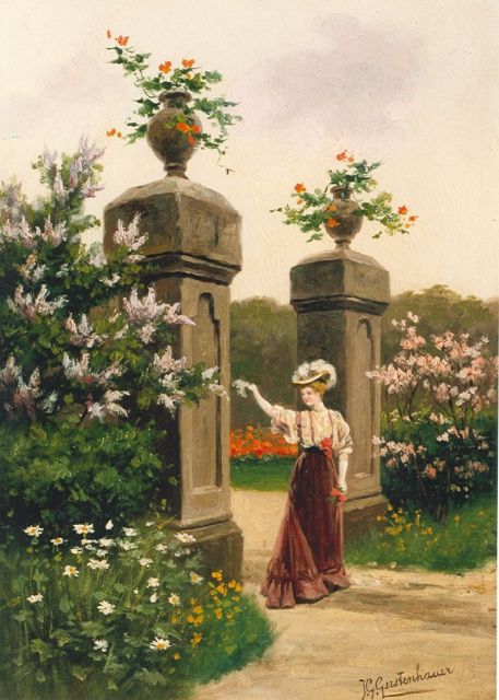 Johan Georg Gerstenhauer Zimmerman | Elegante vrouw in bloementuin, olieverf op paneel, 31,9 x 22,5 cm, gesigneerd r.o.