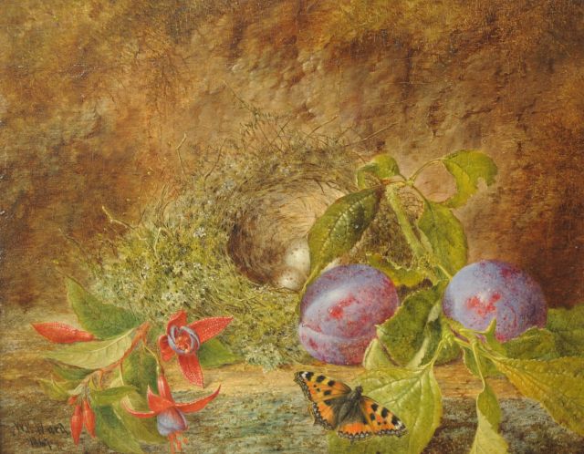 Ward W.H.  | Stilleven met vogelnestje en vlinder, olieverf op doek 20,4 x 24,8 cm, gesigneerd l.o. en gedateerd 1867