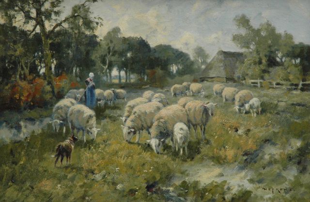 Martinus Jacobus Nefkens | Veluwse herderin met schapen, olieverf op doek, 40,8 x 61,5 cm, gesigneerd r.o.