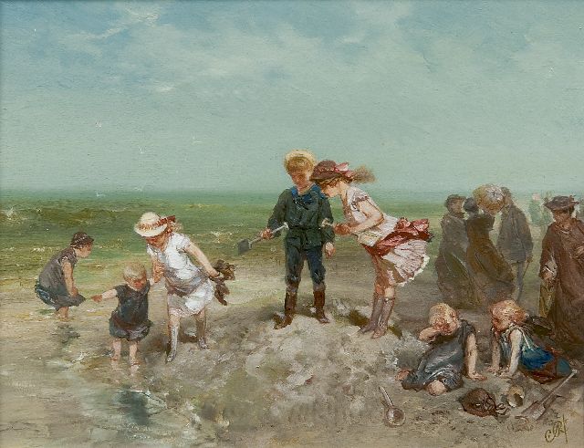 Charles Rochussen | Spelende stadskinderen op het strand, olieverf op paneel, 16,0 x 20,8 cm, gesigneerd r.o. met initialen en te dateren ca. 1881