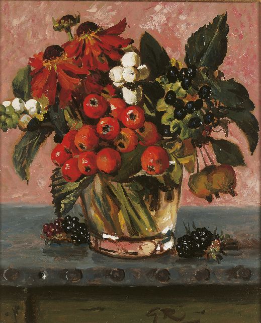 Gé Röling | Bessen en bloemen in glazen vaas, olieverf op board, 29,8 x 25,0 cm, gesigneerd r.o. met initialen