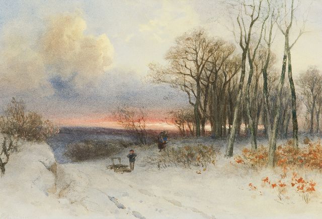 Piet Schipperus | Houtsprokkelaars in de sneeuw, aquarel op papier, 40,0 x 50,0 cm, gesigneerd l.o.