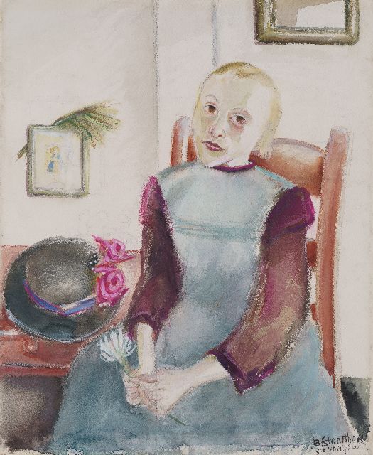 Gelder R. van | Meisje met bloem, aquarel op papier 50,0 x 41,6 cm, gesigneerd r.o. met pseudoniem 'B. Stratthon van Gelder' en gedateerd '37