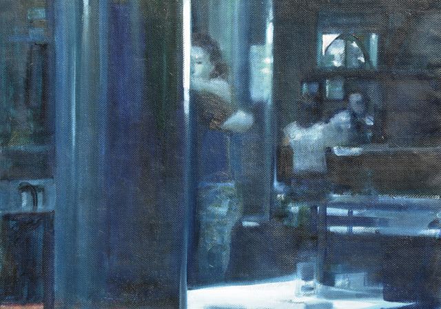 Daniel Kaplan | Blue Room, olieverf op doek, 43,3 x 60,0 cm, gesigneerd verso met initialen