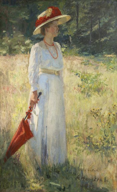 Haustrate G.  | Dame met rode parasol, olieverf op doek 179,4 x 111,1 cm, gesigneerd r.o. en gedateerd 1910