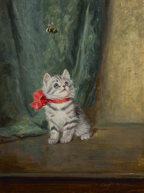 Plückebaum M.  | Katje met hommel, olieverf op schildersboard 40,0 x 30,0 cm, gesigneerd r.o.