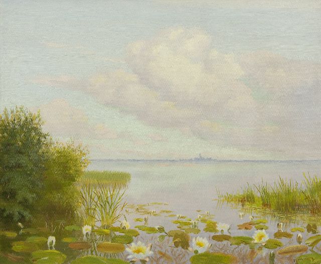 Dirk Smorenberg | Waterlelies in de Loosdrechtse Plassen, olieverf op doek, 49,5 x 60,3 cm, gesigneerd r.o.