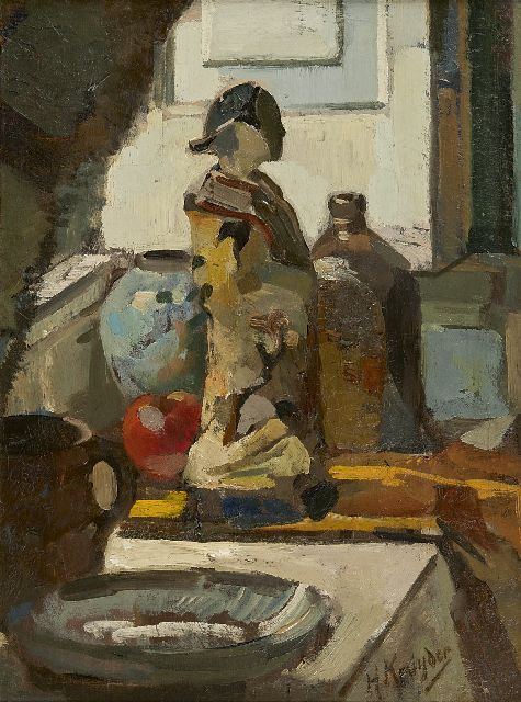 Herman Kruyder | Stilleven met Satsuma beeldje, olieverf op paneel, 50,0 x 38,5 cm, gesigneerd r.o. en te dateren vóór 1916