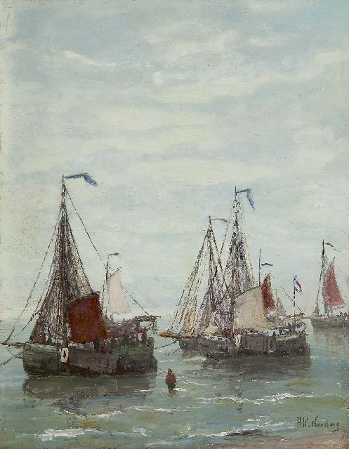 Hendrik Willem Mesdag | Pinken voor anker bij het strand, olieverf op paneel, 32,2 x 25,2 cm, gesigneerd r.o. en te dateren ca. 1885
