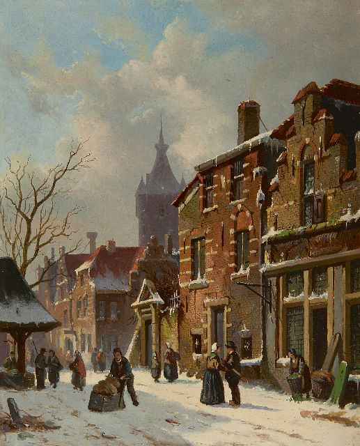 Adrianus Eversen | Winters stadsgezicht met de Oude Kerk van Delft, olieverf op paneel, 33,2 x 27,4 cm