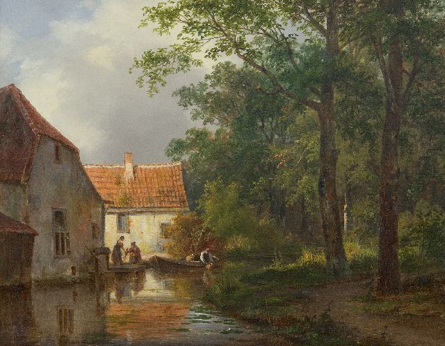 Breuhaus de Groot F.  | Visverkoop aan de dorpsbeek, olieverf op paneel 24,4 x 30,6 cm, gesigneerd r.o. (vaag)