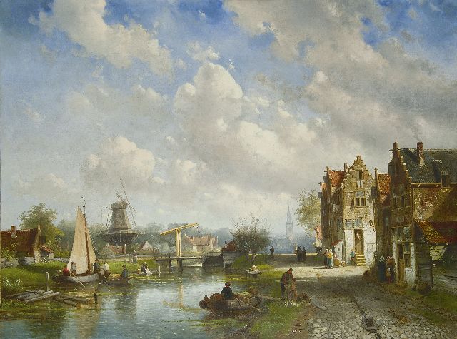 Charles Leickert | Zomers rivierlandschap met de Nieuwe Kerk van Delft in de verte, olieverf op doek, 78,0 x 103,4 cm, gesigneerd r.o. en gedateerd '72