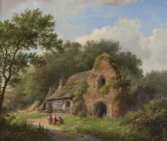 Hermanus Koekkoek | Landvolk bij een ruïne, olieverf op paneel, 17,4 x 20,4 cm, gesigneerd m.o. en gedateerd '59
