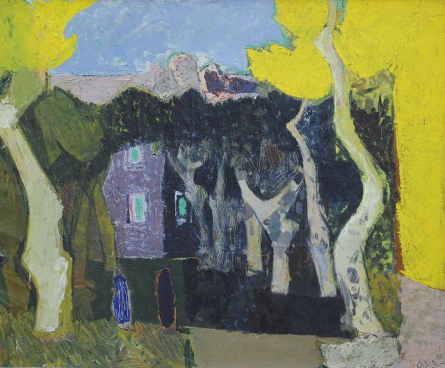 Wim Oepts | Plein met platanen, olieverf op doek, 50,0 x 60,0 cm, gesigneerd r.o. en gedateerd '58