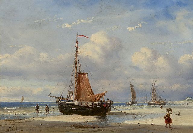 Petrus Paulus Schiedges | Pinken op het strand van Scheveningen, olieverf op paneel, 24,0 x 35,2 cm, gesigneerd l.o.