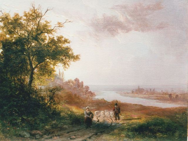 Johann Bernard Klombeck | Riviergezicht vanaf de heuvel, olieverf op paneel, 12,5 x 16,5 cm, gesigneerd initialen J.B.K. en gedateerd 1844
