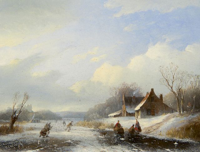 Willem Vester | Winters landschap met schaatsers en koek-en-zopie, olieverf op paneel, 21,5 x 28,3 cm, gesigneerd l.o.